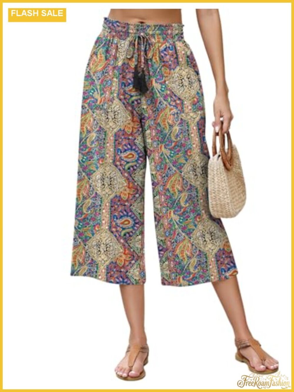 Linen Wide Leg Capri Pants High Waisted Elastic Waist with Pockets